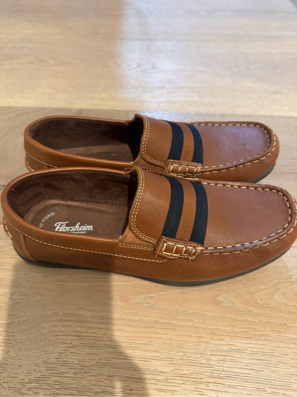 Florsheim Boys Tan Leather Driving Loafers with Navy Stripes